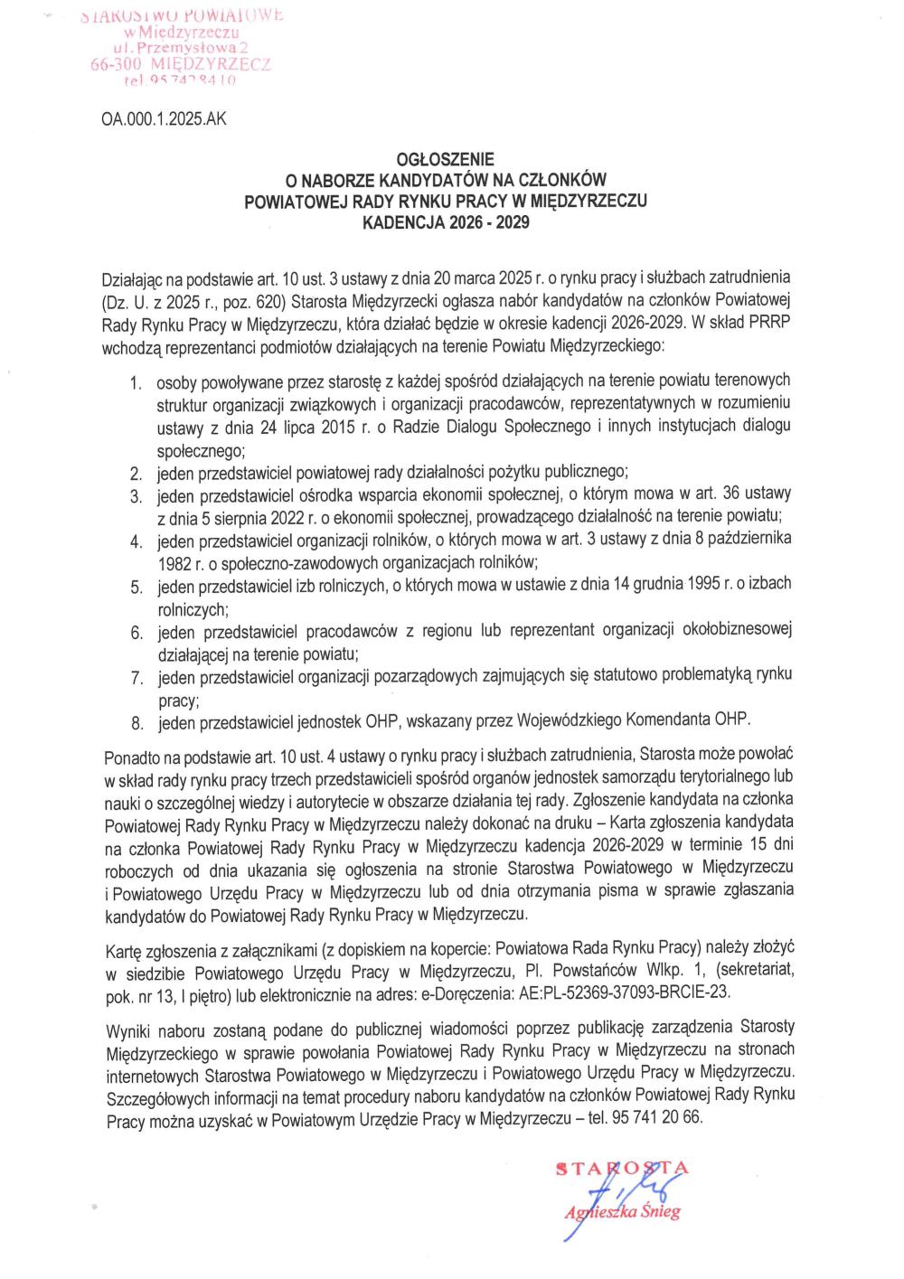 Ogłoszenie o naborze kandydatów na członków Powiatowej Rady Rynku Pracy w Międzyrzeczu Kadencja 2026-2029